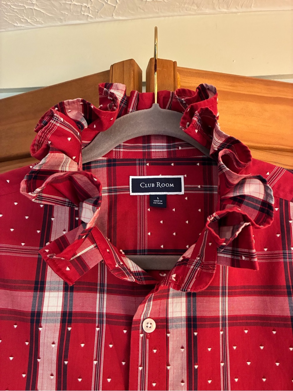 Club Room Red Plaid ruffle collar Shirt - Picture 5 of 5